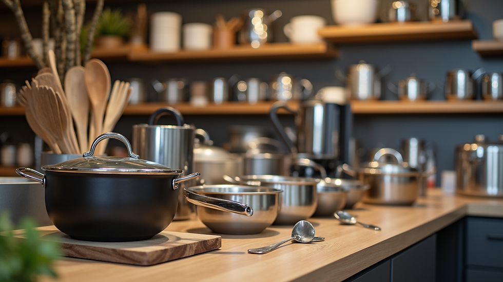 Close-up view of kitchen utensils and cookware displayed on shelves in a Nairobi store