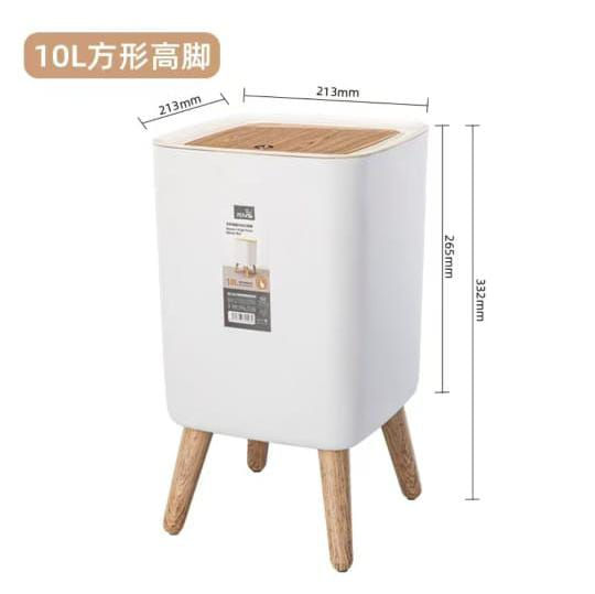 White trash bin with dimensions, text, and wooden legs; Leks Kitchenware