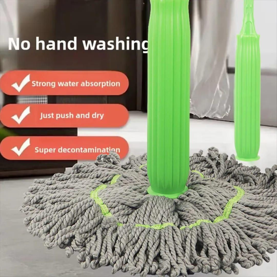 Mop with green handle and text: No hand washing, strong water absorption