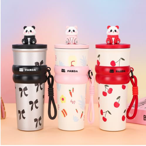 Three panda-themed travel mugs with bows and cherries; 