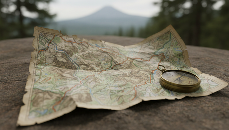 Close-up of a weathered trail map marked with several routes across steep terrain.
