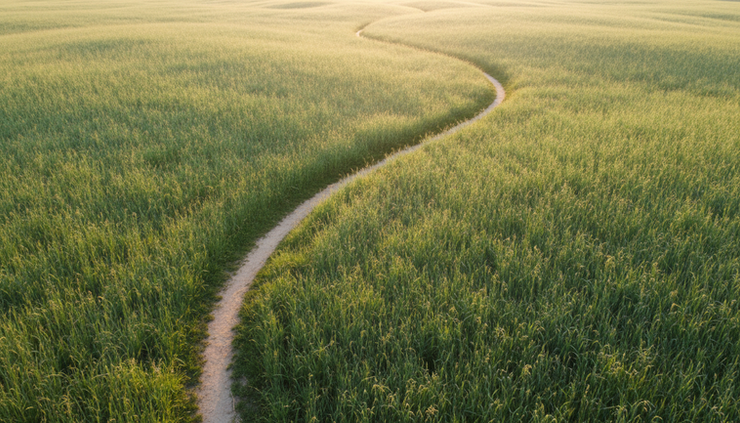 Overhead view of a single bright path crossing a dense field of tall grass.