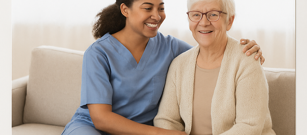 A happy client and her caregiver