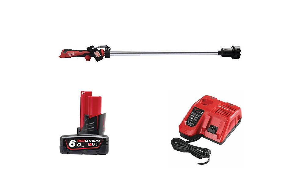 A Milwaukee M12 Stick Pump, a Milwaukee M12 6.oAH battery and a fast charger