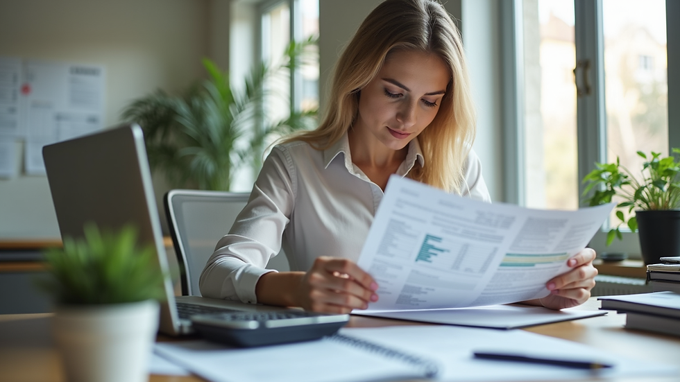 Eye-level view of a small female business owner reviewing financial statements at a desk with a laptop, calculator, and organized paperwork