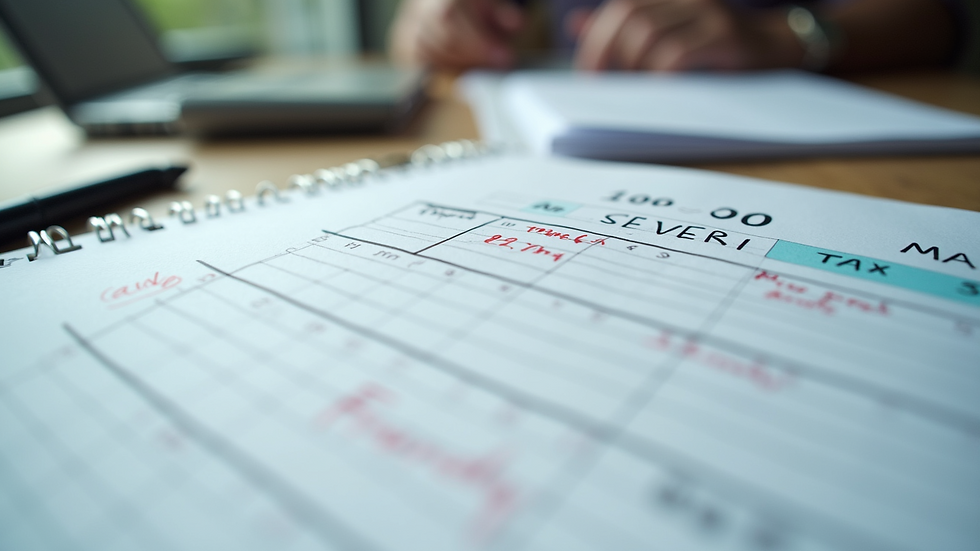Eye-level view of a calendar marked with tax deadlines and financial notes