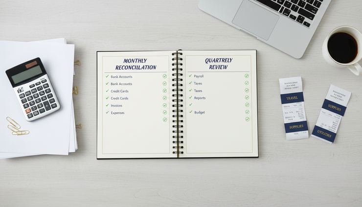 Overhead view of organized bookkeeping documents with a notebook checklist and coffee cup