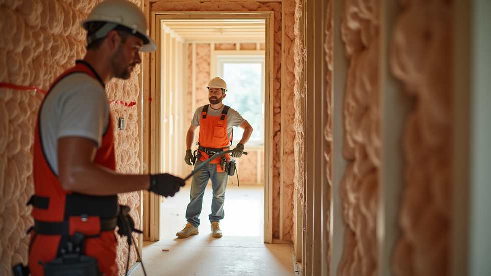 Close-up view of construction workers installing insulation in a residential wall
