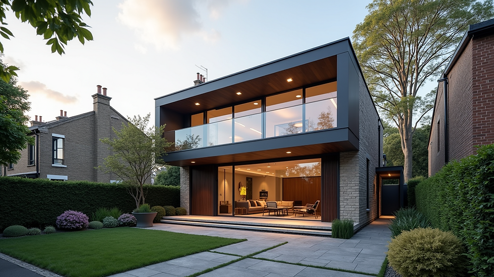 High angle view of a completed modern residential home exterior in London