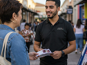 A site-based canvasser speaking with a community member in a high-traffic public place