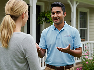 A door-to-door canvasser speaking with a community member