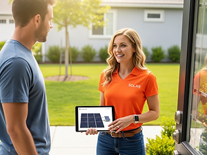Solar Sales Canvasser discussing community solar signup with a homeowner
