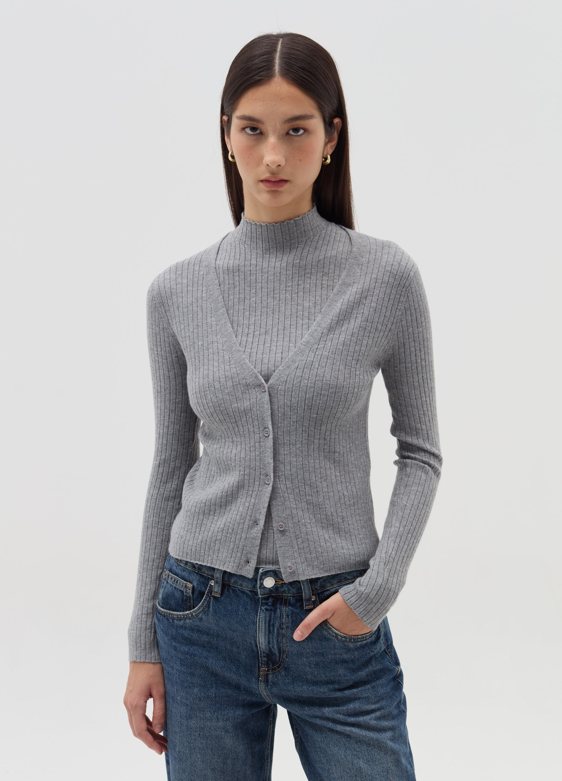 FLAT RIB V-N GRE MELANGE