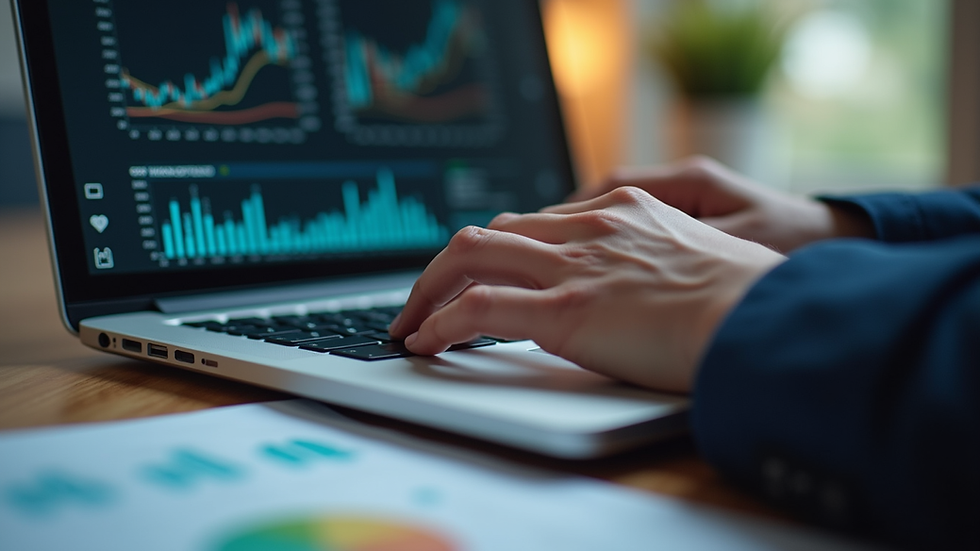 Eye-level view of a person analyzing financial data on a laptop