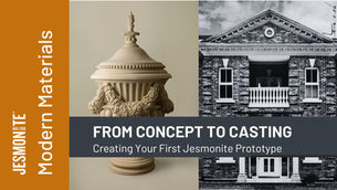 Classic urn, black-and-white building facade. Text: "FROM CONCEPT TO CASTING. Creating Your First Jesmonite Prototype." Orange sidebar with "JESMONTE".