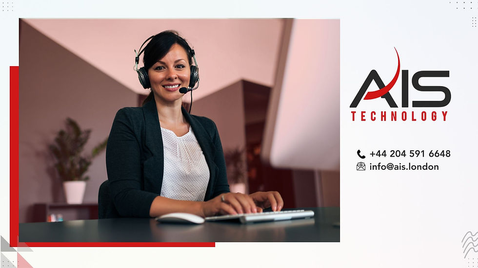 Smiling woman with headset at a computer, in an office setting with plants. AIS Technology logo and contact info visible on the right.