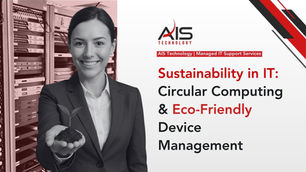 Woman in a suit holding soil with a sprout, smiling. Background features server racks. Text: "Sustainability in IT: Circular Computing & Eco-Friendly Device Management."