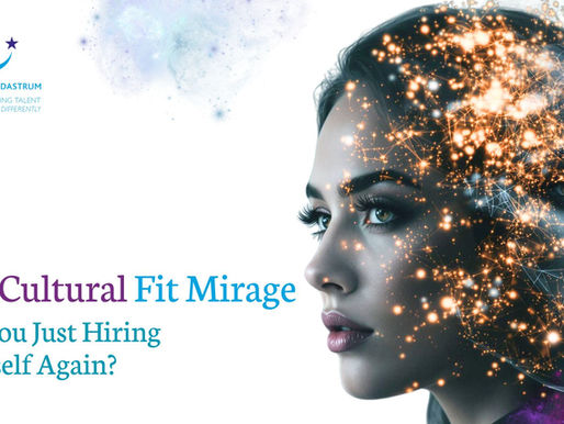 Two faces merge with digital patterns and orange lights. Blue-purple text reads: "The Cultural Fit Mirage, Are You Just Hiring Yourself Again?" Background is ethereal.