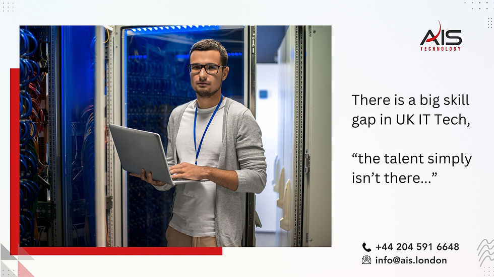 Man with laptop in server room, wearing a lanyard. Text highlights UK's IT skill gap. AIS Technology logo and contact info visible.