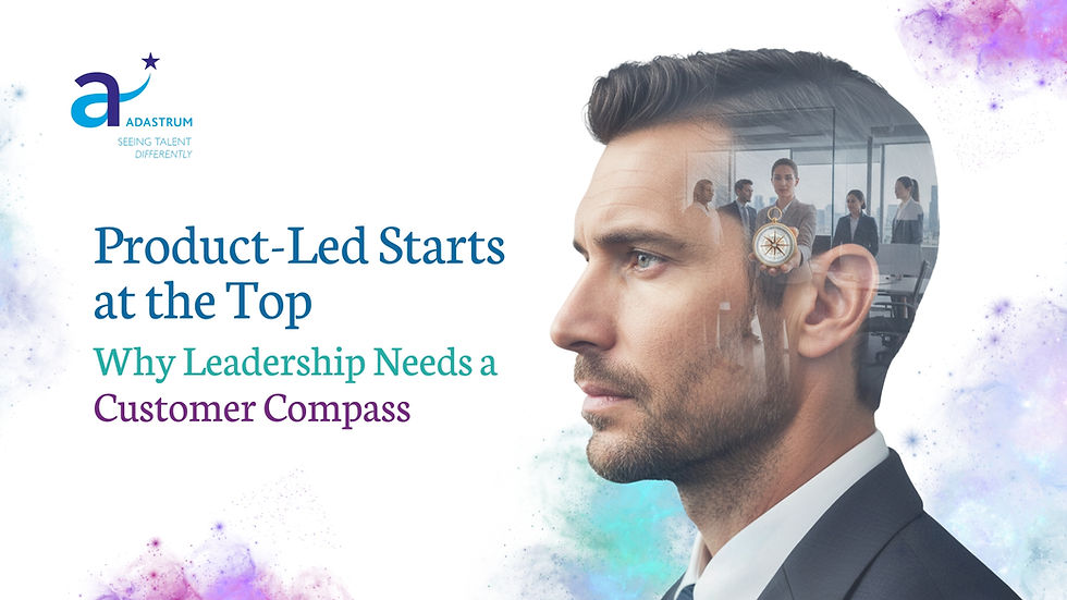 Businessman in profile; transparent office scene overlaid with a compass. Text: "Product-Led Starts at the Top. Why Leadership Needs a Customer Compass."