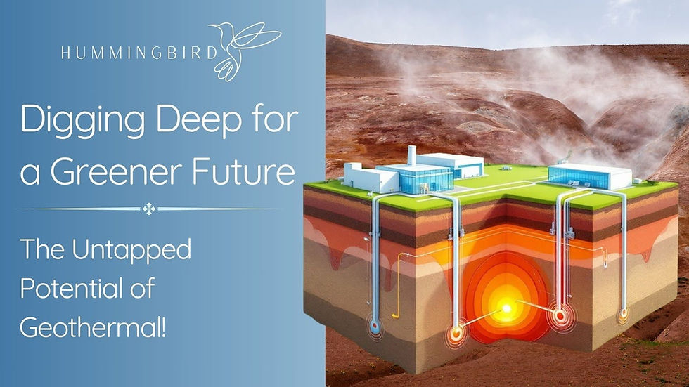 Cross-section of geothermal plant with pipes leading to underground heat. Text: "Digging Deep for a Greener Future" on blue background.