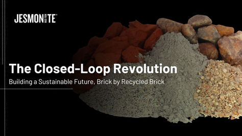 Piles of recycled bricks and sand on a black background with text: "The Closed-Loop Revolution: Building a Sustainable Future, Brick by Recycled Brick."