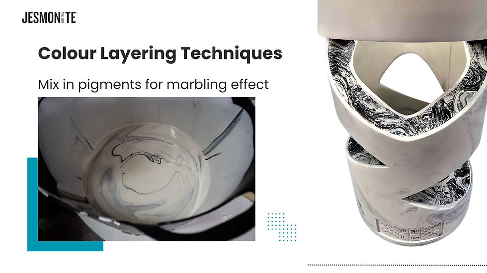 Marbled pigments in a bowl and swirling patterns on pottery. Text reads: Jesmonite Colour Layering Techniques, for marbling effect.