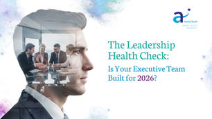 Profile of a man overlays an image of businesspeople discussing at a table. Text: "The Leadership Health Check: Is Your Executive Team Built for 2026?"