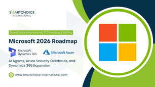 Microsoft 2026 Roadmap cover by SmartChoice International. Features Microsoft logo, Dynamics 365, Azure logos, text on AI, security, and a website link.