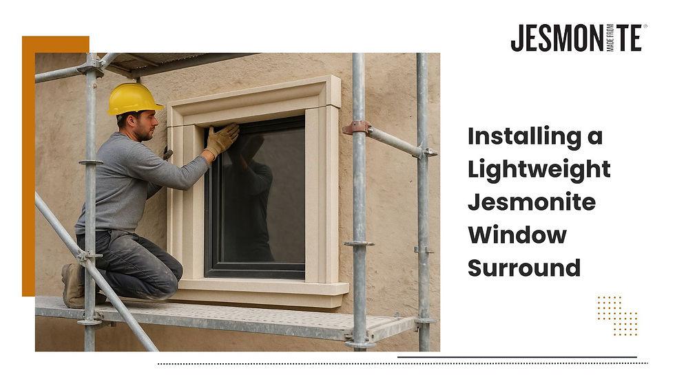 Worker on scaffolding installs window frame. Text reads "Installing a Lightweight Jesmonite Window Surround." Background is beige wall.