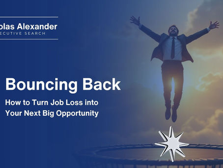Man in suit joyfully jumps on a trampoline against a cloudy sky. Text: Nicholas Alexander, Bouncing Back, How to Turn Job Loss into Opportunity.