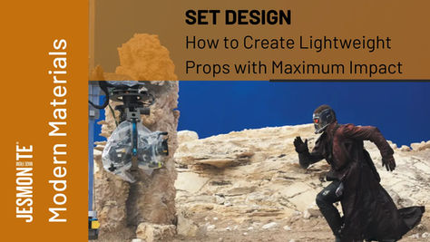 Person in a mask and coat runs through a rocky set. Equipment is visible. Text: "SET DESIGN: How to Create Lightweight Props with Maximum Impact."