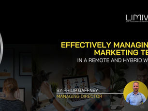 A person with headphones is on a video call. Text reads: "Effectively Managing a Marketing Team in a Remote and Hybrid World" by Philip Gaffney.