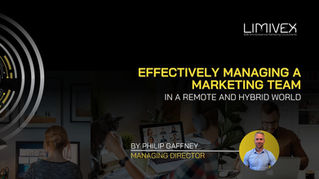 A person with headphones is on a video call. Text reads: "Effectively Managing a Marketing Team in a Remote and Hybrid World" by Philip Gaffney.