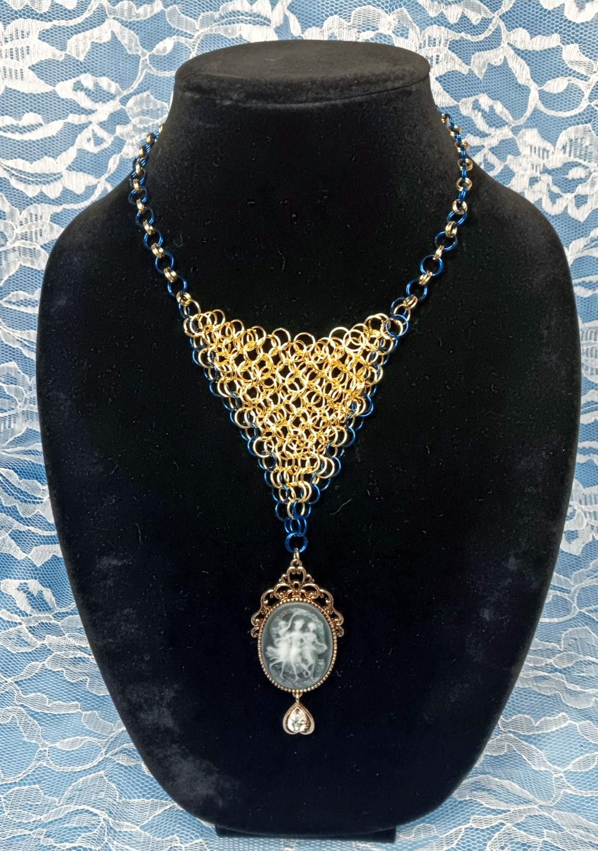 Blue and Gold Chainmail Cameo Necklace