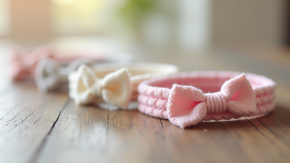 Close-up view of soft pastel baby headbands arranged on a wooden surface