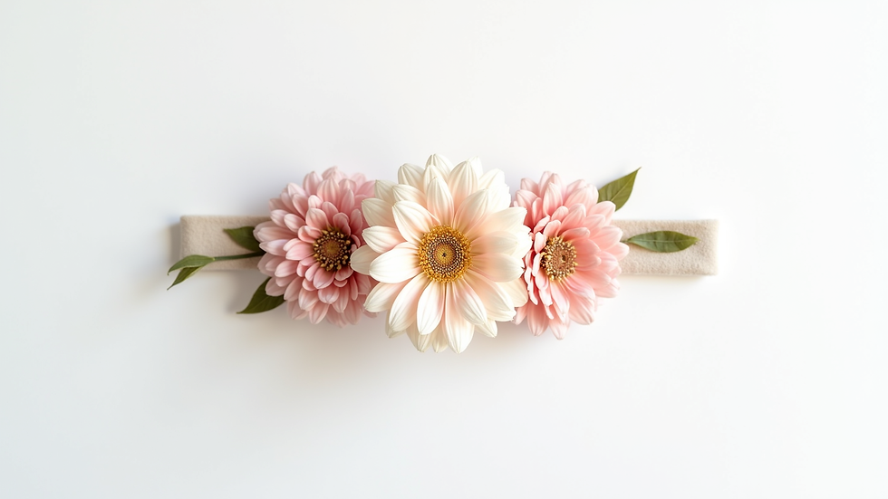 Eye-level view of a single floral baby headband on a white background