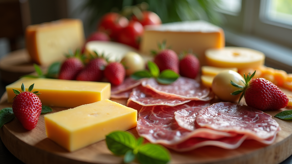Eye-level view of a beautifully arranged grazing table with a variety of cheeses, fruits, and meats