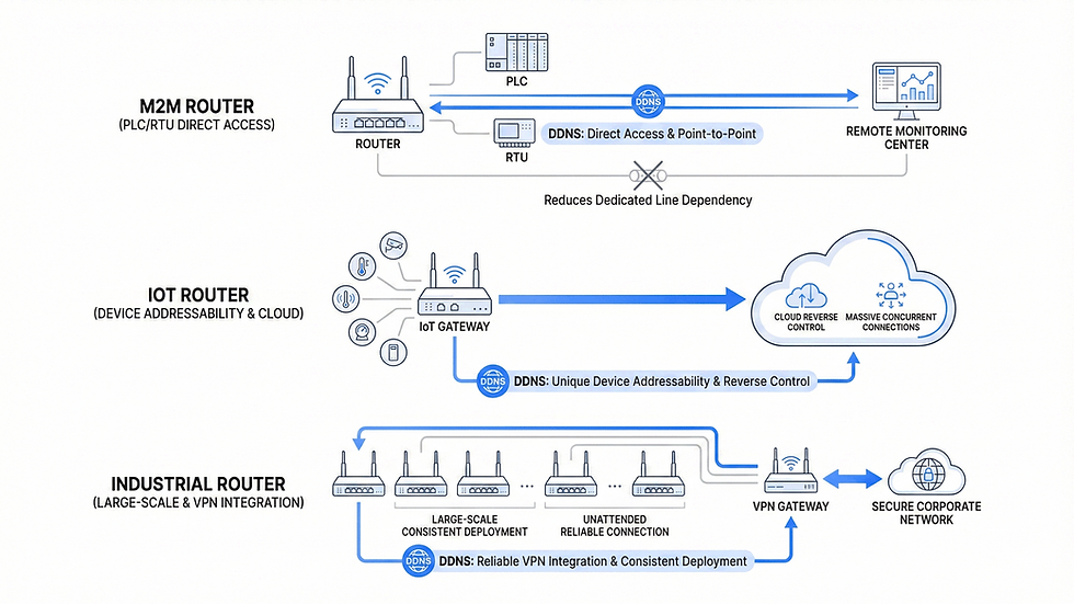 Tabla comparativa de tres escenarios: M2M Router, IoT Router e Industrial Router.