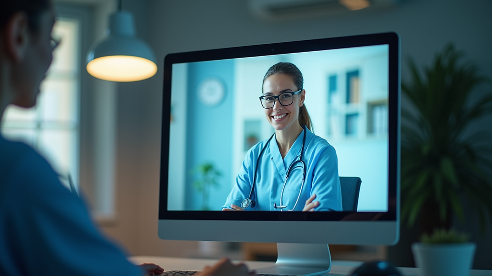 Vista frontal de uma tela de computador mostrando uma consulta médica online com psiquiatra