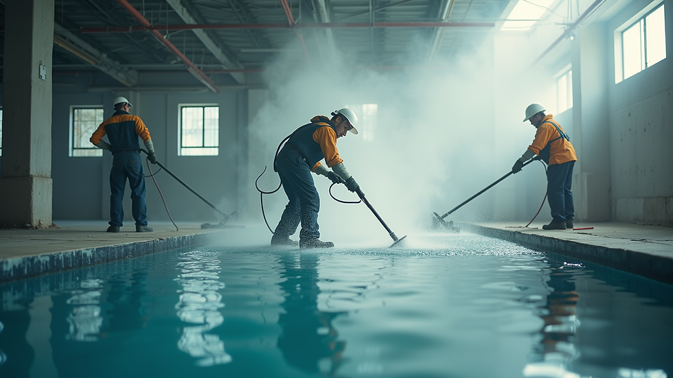 Vue en plongée d'une équipe de nettoyage professionnel en action dans un chantier