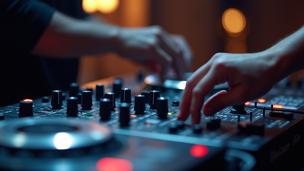 Close-up view of DJ Vinci mixing music on a professional controller