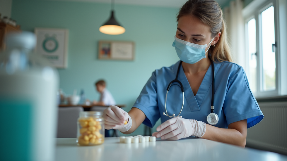 Eye-level view of a nurse preparing medication in a home care setting