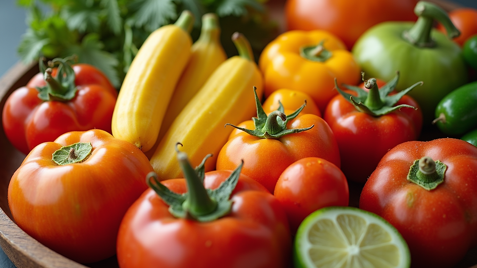 Close-up view of colorful fruits and vegetables rich in vitamins