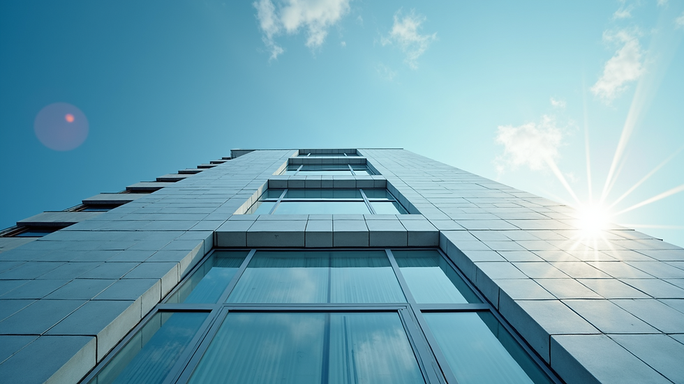 Eye-level view of a modern hospital building with a clear blue sky