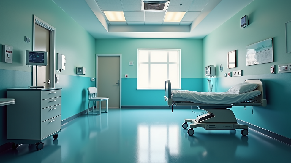 High angle view of a hospital patient room with modern amenities