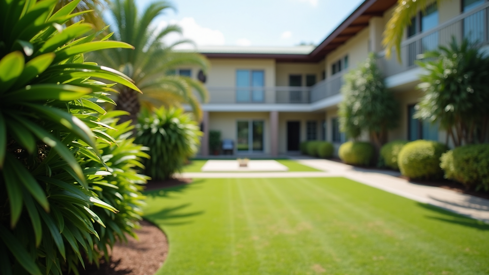 Wide angle view of a peaceful hospital garden in Mauritius