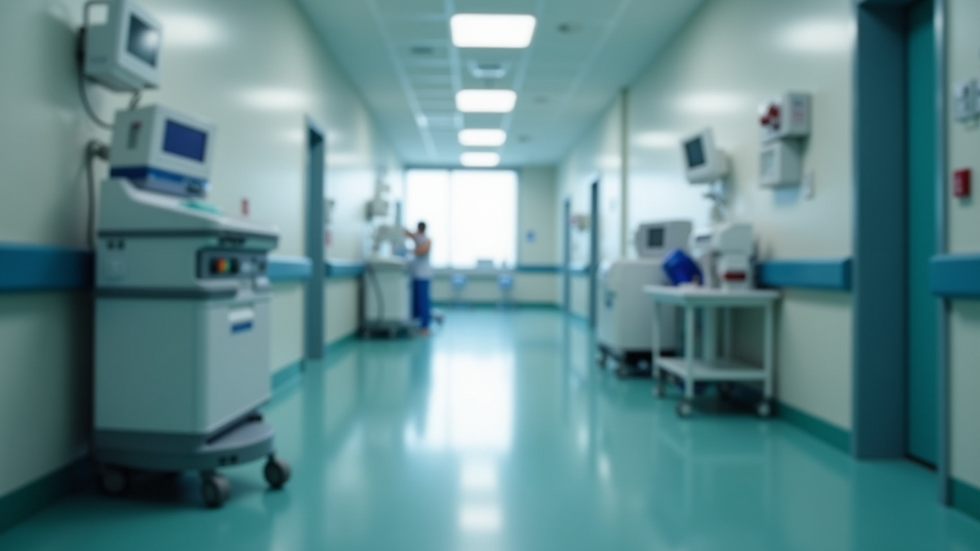 Eye-level view of a modern hospital corridor with medical equipment