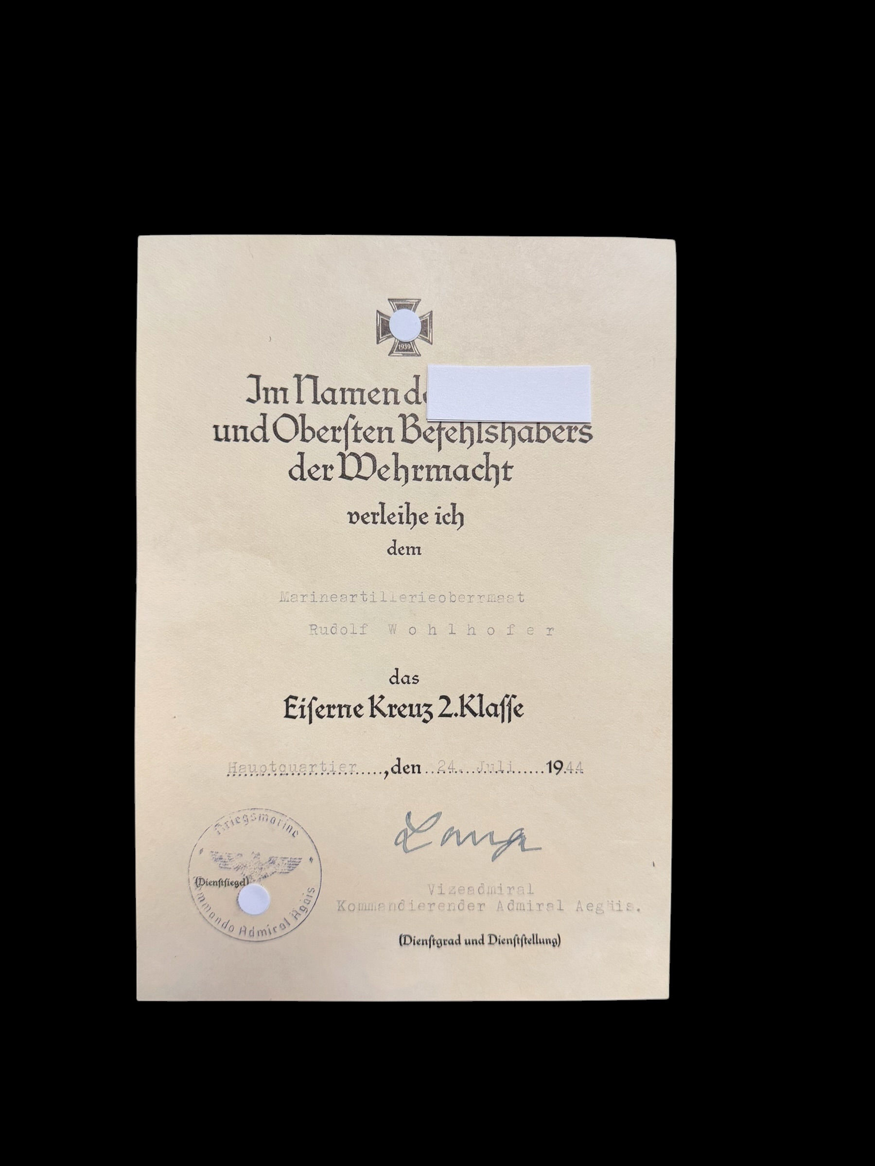 Urkunde Eisernes Kreuz 2.Klasse 1939-Unterschtift RK Träger Werner Lange