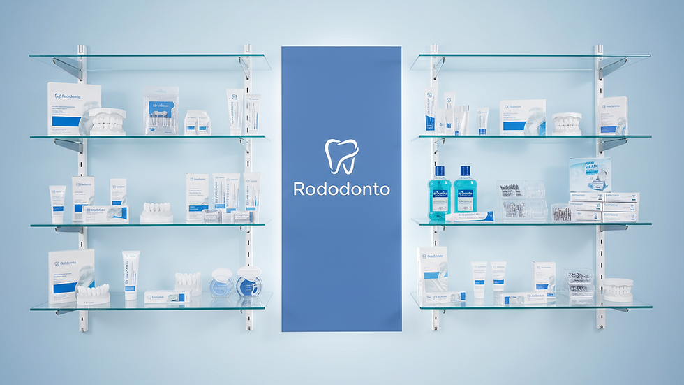 Eye-level view of dental supply shelves stocked with various dental products